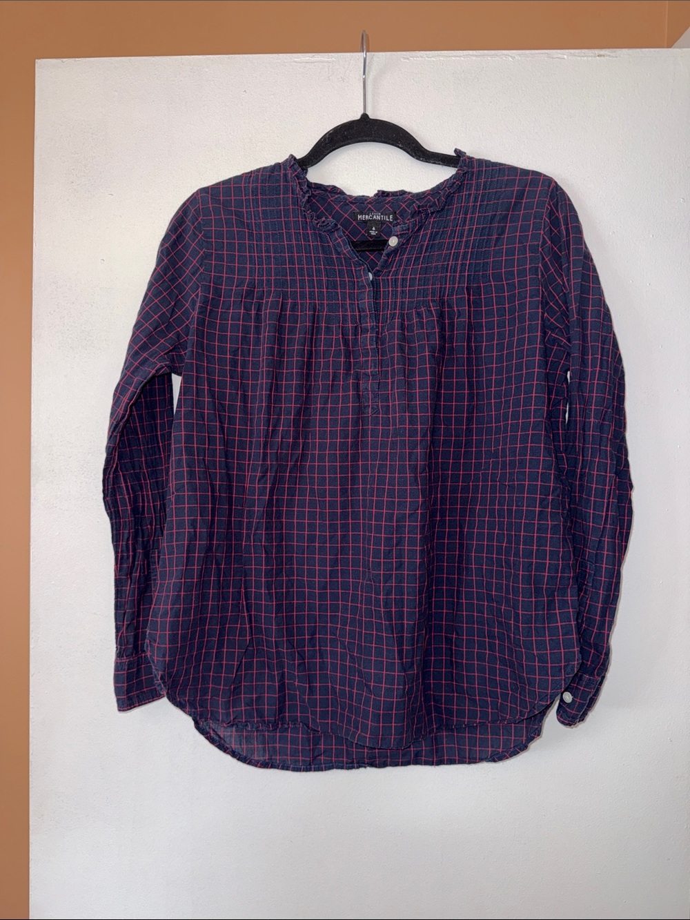 J. Crew Navy with Red Windowpane Long-Sleeve Blouse